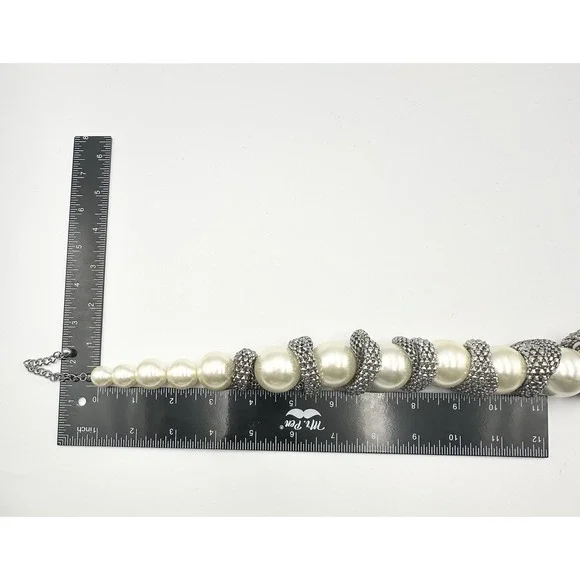 Chunky Runway Huge Wriped  Silver Tone Mesh Snake Faux Pearls Necklace‎ Set VTG - Picture 7 of 9